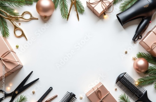 template for New Year and Christmas greetings from a hairdresser or information about hairdressing. brushes for hair coloring, hair dryer, scissors, gifts on a  white background with space for text.