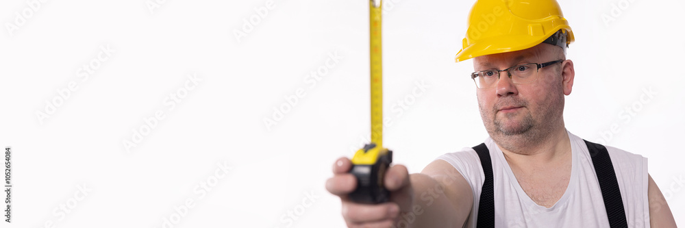 A Construction Worker uses a Measuring Tape and Safety Helmet for protection on the job A Construction Worker uses a Measuring Tape and Safety Helmet for protection on the job