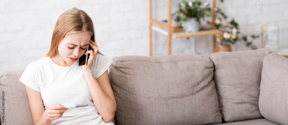 Worried young woman talking on phone, holding pregnancy test, home interior Worried young woman talking on phone, holding pregnancy test, home interior