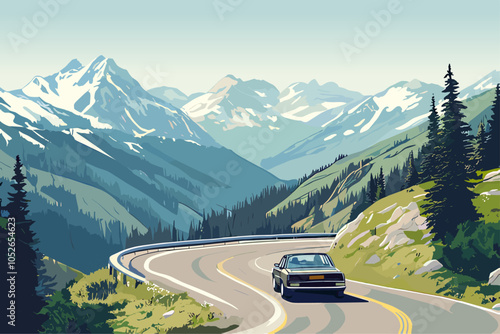 Curving asphalt road in mountains with a car driving. Travel journey trip adventure background. Beauty of nature. Green slopes with trees. Tourism advertising banner. Cartoon style vector illustration