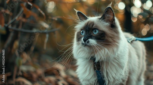A fluffy Ragdoll cat with bright eyes embarks on an outdoor adventure, its leash allowing safe exploration, against the backdrop of an autumn scene.