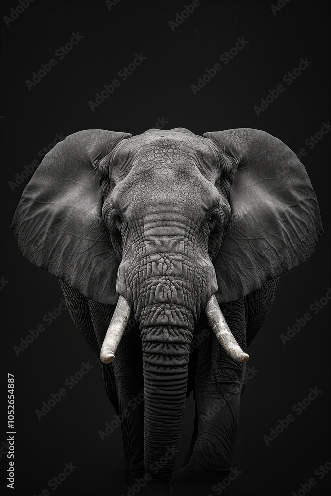 Fototapeta premium front portrait of an African elephant Loxodonto Africana in black background