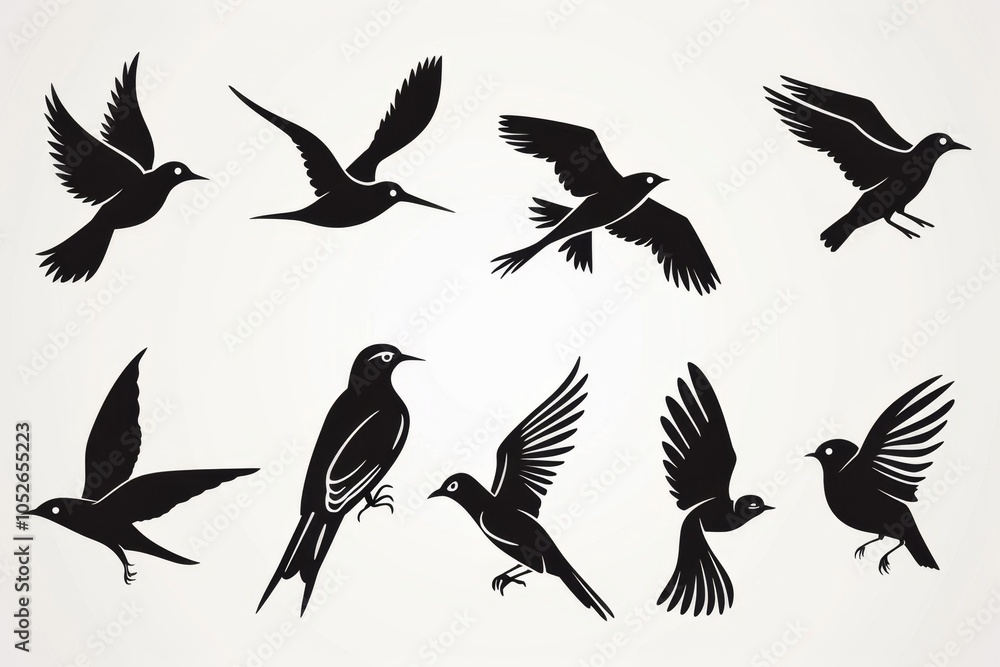 Obraz premium Bird icon set, black and white sparrow symbols, bird sign collection, wild animal pictograms on white
