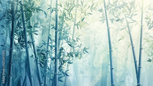   Painting depicts a lush cluster of bamboo trees against a vibrant backdrop of blue and green, with sunlight filtering through the foliage