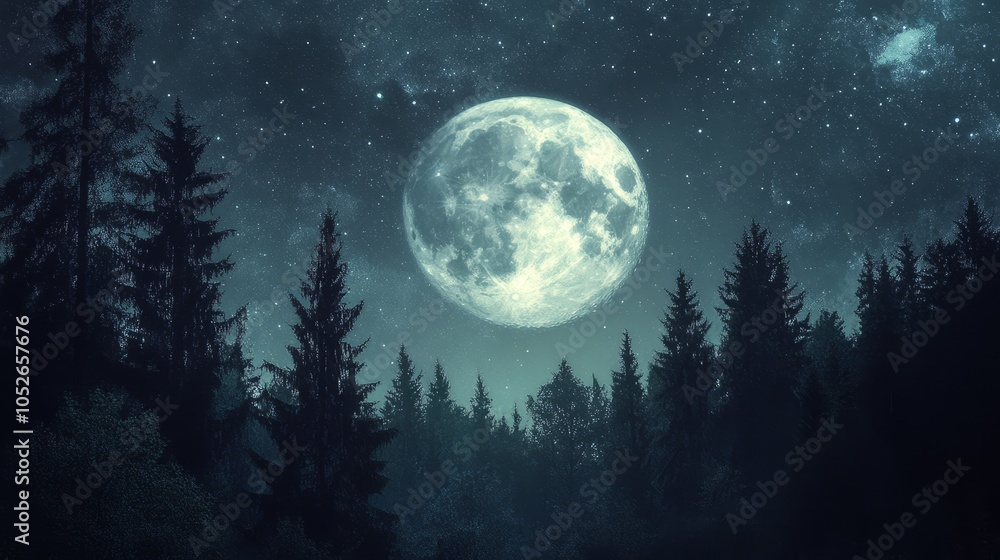 Full Moon Over a Mystical Forest Under Starlit Sky Full Moon Over a Mystical Forest Under Starlit Sky