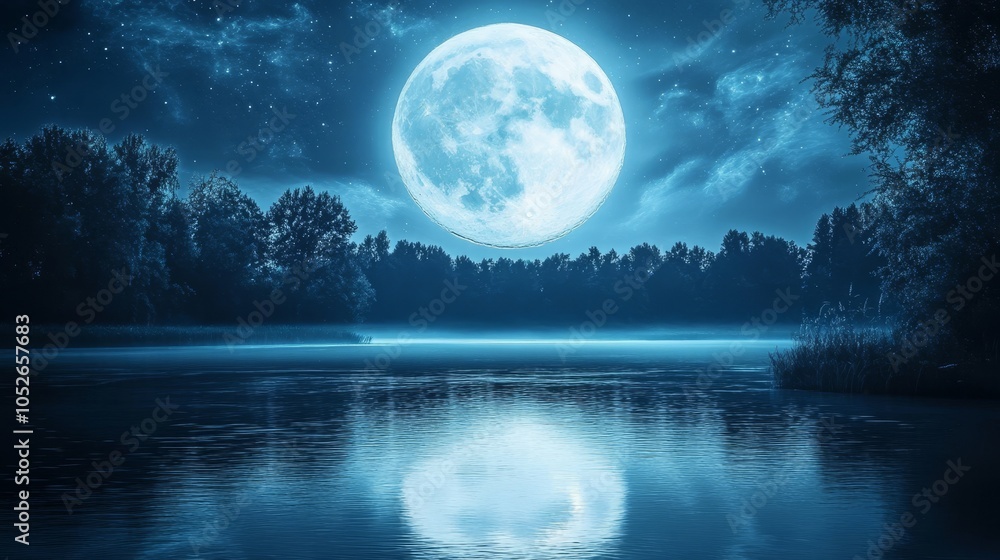Enchanting Night Landscape with Full Moon and Serene Reflection Enchanting Night Landscape with Full Moon and Serene Reflection