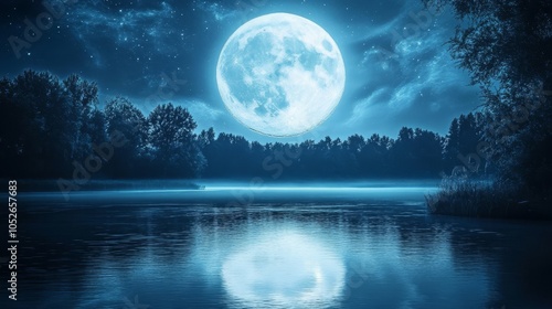 Enchanting Night Landscape with Full Moon and Serene Reflection