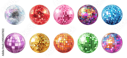 Disco balls set. Retro music party shining spheres. Nightclub disco vintage element. Morror silver gold multicolor glitterballs. Turning music globe design elements. Cartoon style isolated vector
