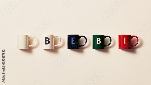  A row of various-colored coffee cups with bed written on both sides