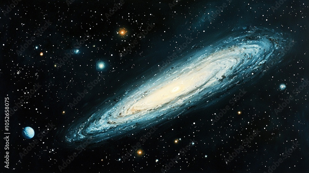 An artist's depiction of the Andromeda Galaxy features stars in the foreground and a mysterious background object An artist's depiction of the Andromeda Galaxy features stars in the foreground and a mysterious background object