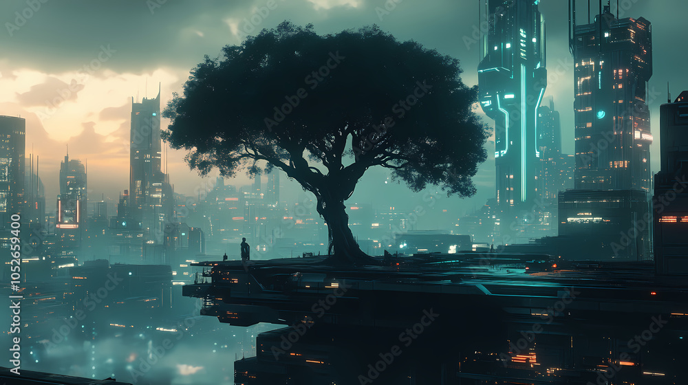 A solitary tree stands in a techno-futuristic city, contrasting the organic with a backdrop of technology. Techno-Futuristic City. Illustration A solitary tree stands in a techno-futuristic city, contrasting the organic with a backdrop of technology. Techno-Futuristic City. Illustration