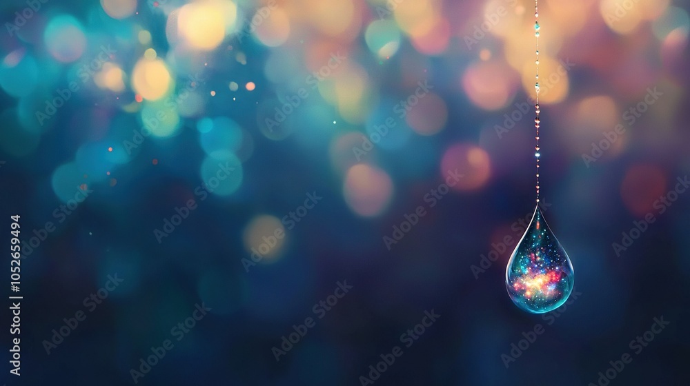 A droplet of water dangles in front of a hazy backdrop, with stars twinkling inside the drop A droplet of water dangles in front of a hazy backdrop, with stars twinkling inside the drop