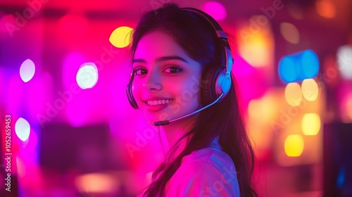 A young woman wearing a headset smiles at the camera while gaming in a brightly lit room.