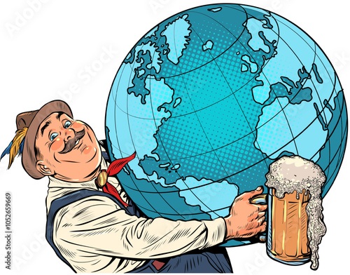 Alcoholic products all over the world. Man holds the planet with beer. Octoberfest holiday for all guests.