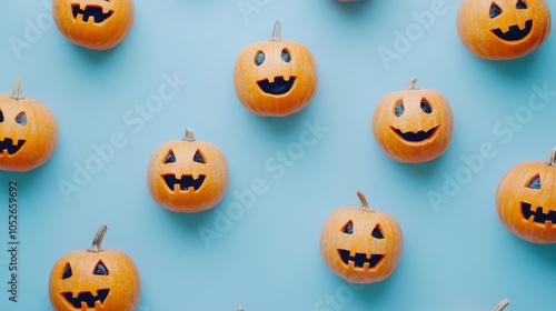 Colorful Halloween Pumpkin Decor on Blue Background