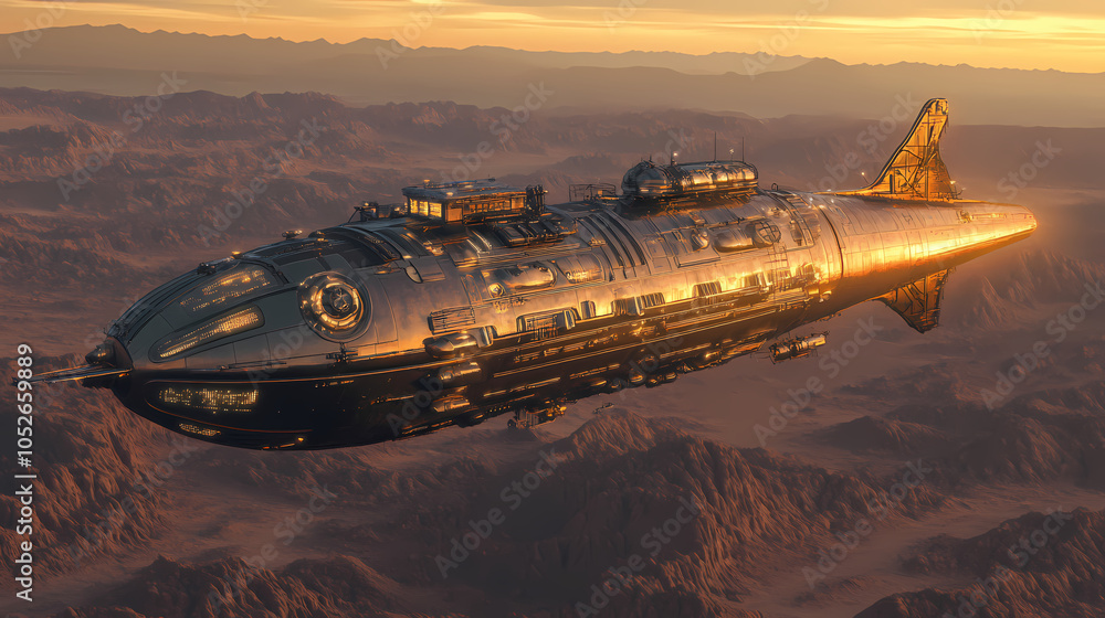 Fototapeta premium A steampunk airship floating above a vast desert landscape at dusk. Floating Airship. Illustration