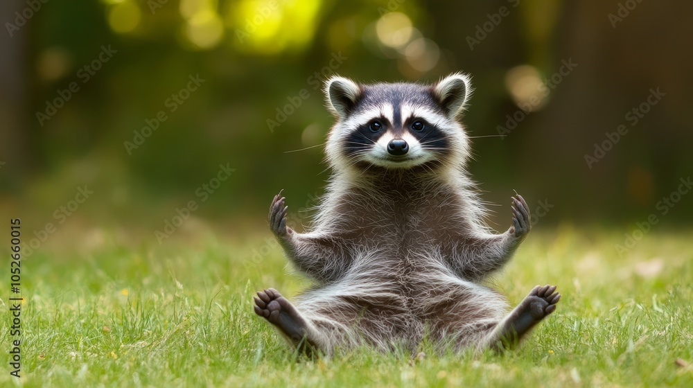 Fototapeta premium Playful Raccoon Sitting on Grass