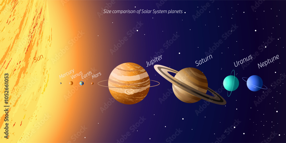 Naklejka premium Space. Size comparison of Solar System planets on gradient background with stars. Educational vector illustration for learning astronomy.