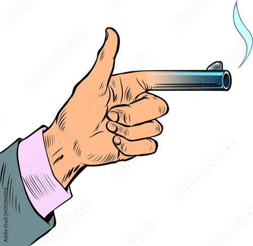 Hand gesture gun. Discounts and promotions for business clients. Indication of a profitable offer.