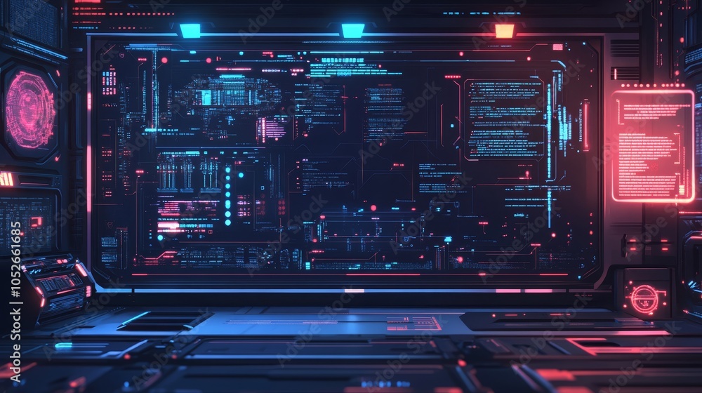 Obraz premium Futuristic Digital Interface with Neon Lights and Data Display