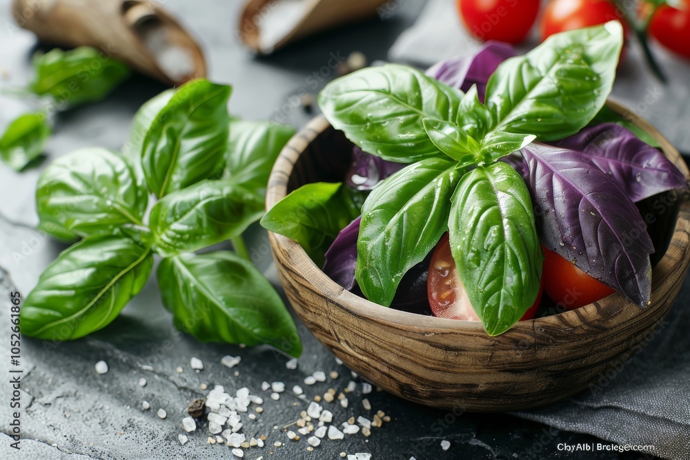 Dark Stone Background with Basil Bunch in Wooden Bowl, Natural Blurred Frame with Gray Napkin Dark Stone Background with Basil Bunch in Wooden Bowl, Natural Blurred Frame with Gray Napkin