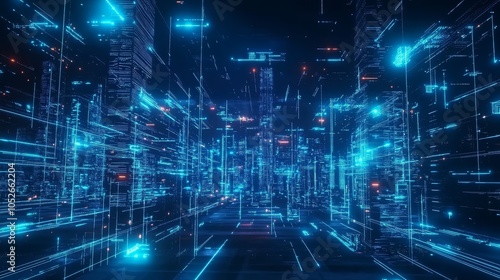 Futuristic Digital Cityscape with Neon Lights and Data Streams