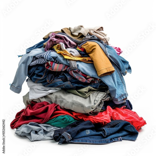 Laundry pile, dirty clothes heap isolated, dirty laundry clothing pile on white background