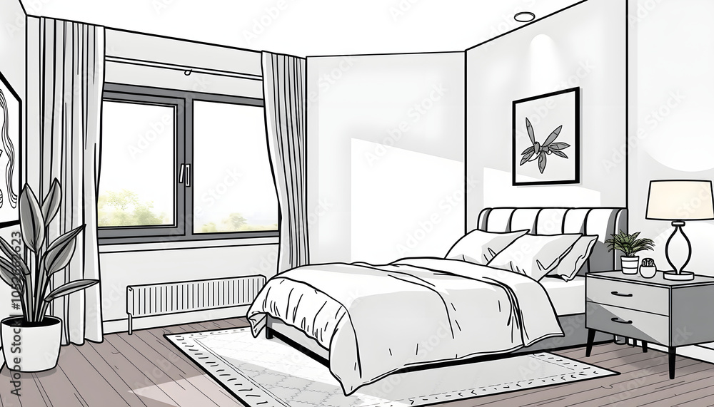Stylish home bedroom interior with bed and nightstand, panoramic window isolated with white highlights, png Stylish home bedroom interior with bed and nightstand, panoramic window isolated with white highlights, png