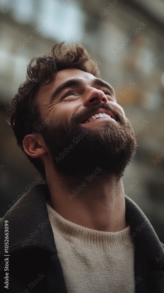 Fototapeta premium Smiling Man Looking Upwards in Urban Setting