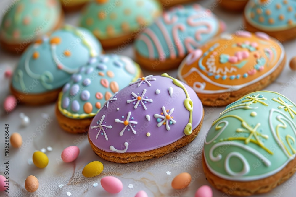 Easter Eggs Cookies with Royal Icing, Biscuit Color Eggs for Easter Design, Copy Space Easter Eggs Cookies with Royal Icing, Biscuit Color Eggs for Easter Design, Copy Space