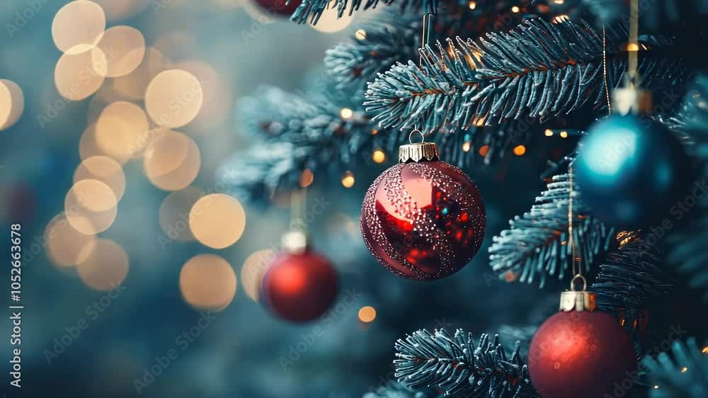Close-up of christmas tree with red baubles and sparkling lights, celebrating merry christmas and happy new year Close-up of christmas tree with red baubles and sparkling lights, celebrating merry christmas and happy new year
