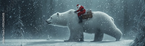 santa clause riding a big polar bear on the norh pole photo