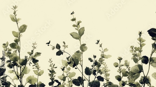 A delicate silhouette of green leaves and stems against a soft yellow background.