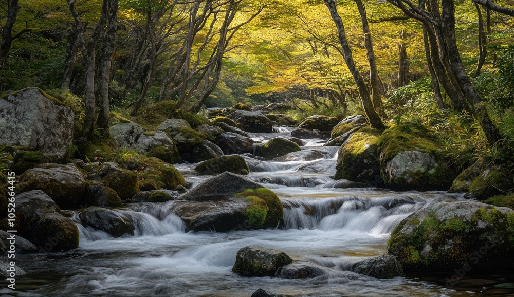 A stream of water flows through a forest with rocks and trees A stream of water flows through a forest with rocks and trees