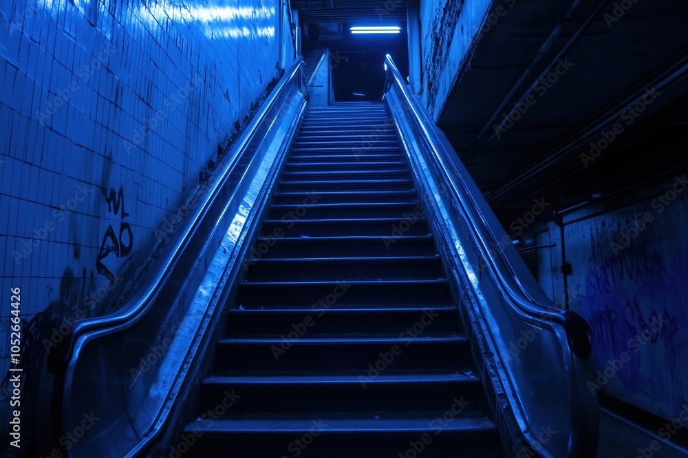 A blue staircase with graffiti on the wall A blue staircase with graffiti on the wall