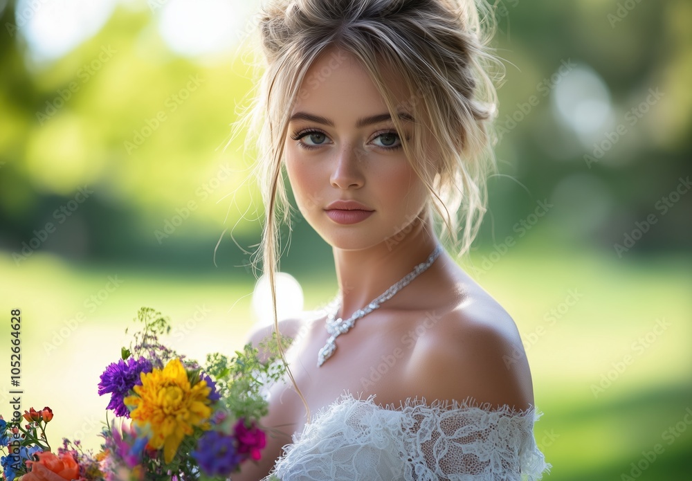 A woman with a bouquet of flowers and a necklace is posing for a picture A woman with a bouquet of flowers and a necklace is posing for a picture