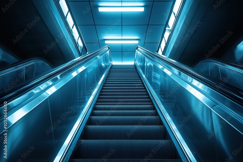 The escalator is blue and has a shiny appearance The escalator is blue and has a shiny appearance