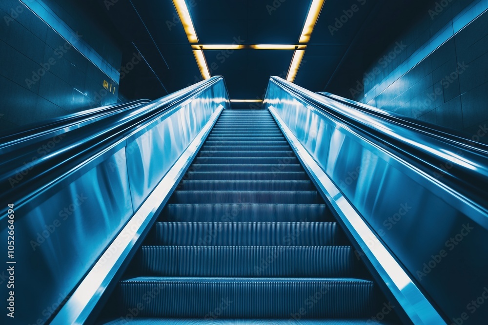 The stairs are blue and the escalator is lit up The stairs are blue and the escalator is lit up