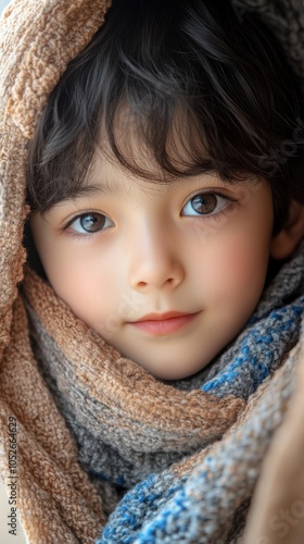 Close-up Portrait of a Young Boy Wrapped in a Knitted Scarf