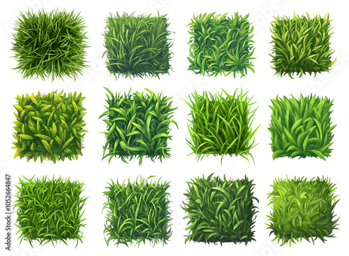 Green grass squares set. Top view. Spring fresh organic garden design elements. Nature botanical decortive texture. Eco environment growth. Turf carpet, field or lawn samples. Cartoon style vector