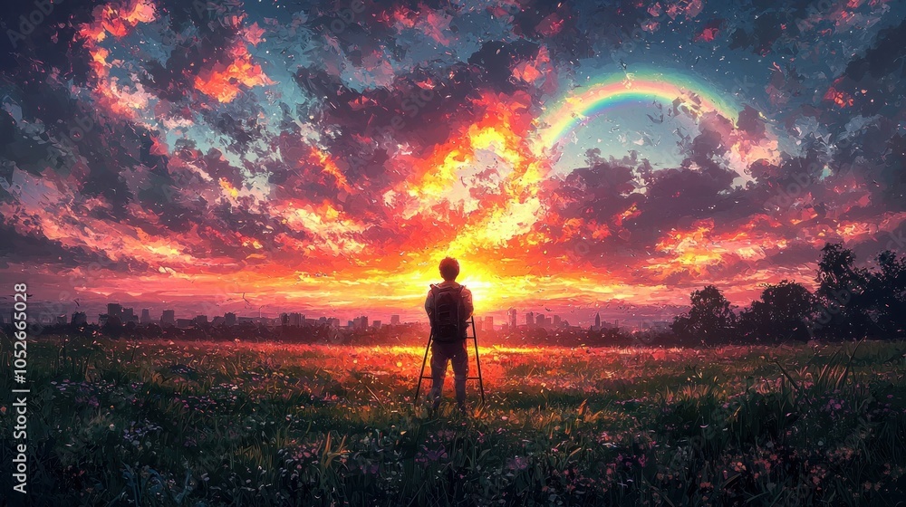 Obraz premium Solitary Figure in Field with Double Rainbows