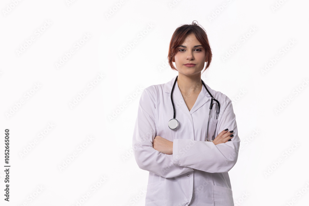 Confident female doctor in lab coat with stethoscope ready to care for patients Confident female doctor in lab coat with stethoscope ready to care for patients
