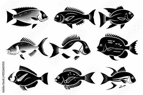 Fish icon, mackerel shape, minimal fishing symbol, tuna silhouette, salmon sign, black ink fish shape