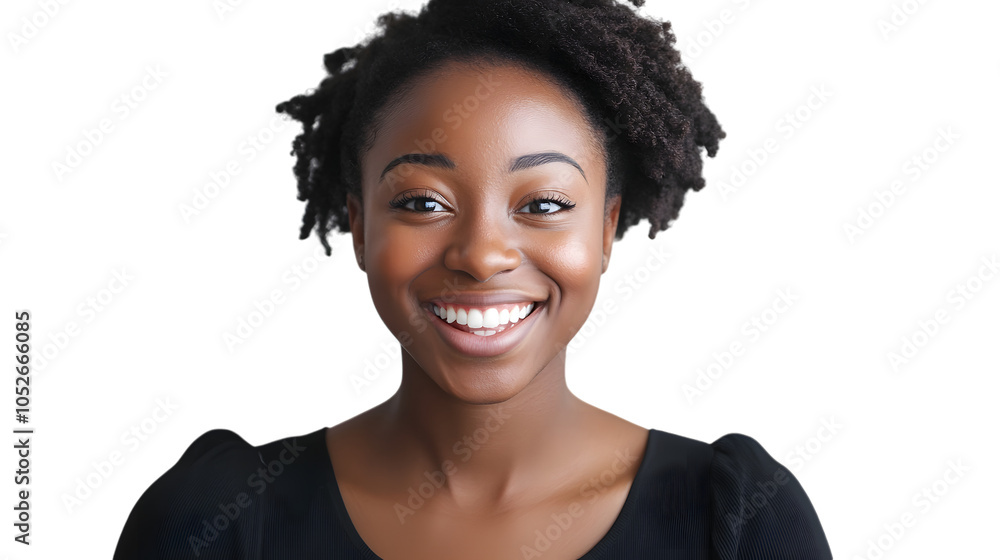 Black young woman smiling with surprised expression on white background Black young woman smiling with surprised expression on white background