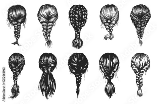 Hair braid set. Beauty salon hairdresser design element. Back view different long hair female hairstyles. Casual popular model coiffure. Black and white simple linocut style isolated vector clipart