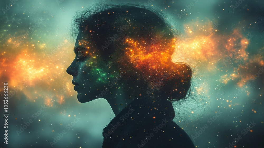 A silhouette woman gazes into a cosmic backdrop with vibrant colors and swirling stars at twilight A silhouette woman gazes into a cosmic backdrop with vibrant colors and swirling stars at twilight
