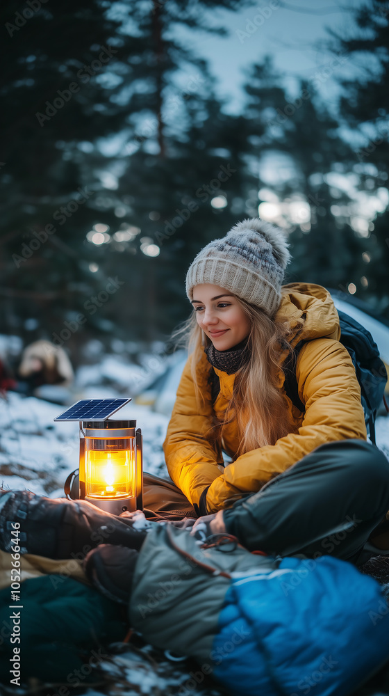 woman in a yellow outfit and winter hat with a sustainable solar lamp, emphasizing outdoor tourism, adventure in nature, and connection with the environment in a snowy forest