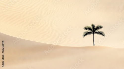   A palm tree stands alone on a sandy beach, framed by a soft white sky above