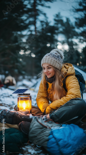 Obraz na płótnie woman in a yellow outfit and winter hat with a sustainable solar lamp, emphasizing outdoor tourism, adventure in nature, and connection with the environment in a snowy forest w salonie
