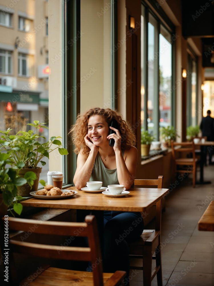 Young Woman Enjoying Coffee and Treats While Chatting on Phone in Cozy Café Young Woman Enjoying Coffee and Treats While Chatting on Phone in Cozy Café